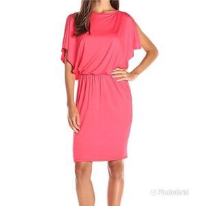 TRINA TURK Jersey Knit Sheath Dress Stretch Short Sleeve Blouson Coral Small New